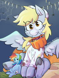 Size: 1152x1527 | Tagged: safe, artist:gay_smilesss, derpibooru import, derpy hooves, rainbow dash, pegasus, pony, spider, fanfic:rainbow factory, clothes, costume, fake blood, fanfic art, halloween, halloween costume, holiday, plushie, sitting, trick or treat