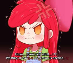 Size: 1450x1246 | Tagged: safe, artist:crade, apple bloom, human, adorabloom, blushing, cross-popping veins, cute, humanized, meme, overalls, solo, sweatdrop, t-shirt, text, trembling, upset