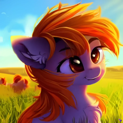 Size: 1024x1024 | Tagged: safe, artist:hazy skies, derpibooru import, generator:purplesmart.ai, generator:stable diffusion, machine learning generated, oc, earth pony, pony, chest fluff, cute, ear fluff, ears, female, grass, grass field, happy, mare, messy mane, raised eyebrows, smiling, sunlight, unnamed oc