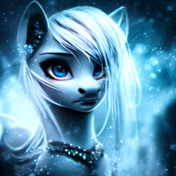 Size: 1024x1024 | Tagged: safe, artist:hawkeyethree, derpibooru import, generator:purplesmart.ai, generator:stable diffusion, machine learning generated, oc, pony, blue eyes, bust, female, ice, jewelry, mare, necklace, portrait, snow, solo, uncanny valley