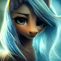 Size: 1024x1024 | Tagged: safe, artist:hawkeyethree, derpibooru import, generator:purplesmart.ai, generator:stable diffusion, machine learning generated, oc, pony, blue hair, bust, female, green eyes, looking at you, mare, portrait, solo