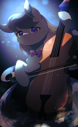 Size: 632x1024 | Tagged: safe, artist:merriie, derpibooru import, octavia melody, earth pony, bow, bow (instrument), bowtie, cello, cello bow, detailed background, musical instrument, solo