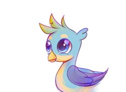 Size: 958x700 | Tagged: dead source, source needed, safe, artist:dawning silent, derpibooru import, gallus, griffon, season 8, adorable face, big eyes, colored wings, colorful, cute, delighted, ear fluff, ears, folded wings, gradient wings, happy, leonine tail, looking at someone, lovely, male, simple background, smiley face, tail, teenager, white background, wings, younger