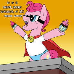 Size: 2500x2500 | Tagged: safe, artist:legendoflink, derpibooru import, pinkie pie, earth pony, pony, building, cape, chin, clothes, costume, cupcake, cute, diapinkes, female, food, gradient background, mare, mask, panties, solo, superhero, superhero costume, underwear