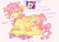 Size: 802x582 | Tagged: safe, artist:girl-bug 925, derpibooru import, fluttershy, pegasus, pony, g4, digital art, meow, painting, pink mane, teal eyes, yellow coat