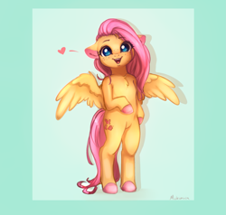 Size: 3333x3168 | Tagged: safe, artist:miokomata, derpibooru import, fluttershy, pegasus, pony, semi-anthro, bipedal, chest fluff, colored hooves, cute, eye clipping through hair, female, floating heart, freckles, freckleshy, heart, high res, looking at you, mare, open mouth, open smile, shyabetes, smiling, smiling at you, solo, spread wings, wings