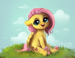 Size: 3476x2688 | Tagged: safe, artist:miokomata, derpibooru import, fluttershy, pegasus, pony, colored hooves, cute, daaaaaaaaaaaw, ears, female, floppy ears, freckles, freckleshy, happy, high res, looking at you, mare, miokomata is trying to murder us, open mouth, open smile, shyabetes, sitting, smiling, smiling at you, solo, underhoof, weapons-grade cute