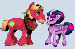 Size: 1920x1261 | Tagged: safe, artist:sandieflower, derpibooru import, big macintosh, twilight sparkle, twilight sparkle (alicorn), alicorn, earth pony, pony, beard, colored horn, curved horn, deviantart watermark, duo, duo male and female, facial hair, female, gray background, horn, male, mare, obtrusive watermark, shipping, simple background, stallion, straight, twimac, unshorn fetlocks, watermark