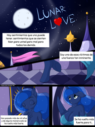 Size: 1480x1971 | Tagged: safe, artist:suirano, derpibooru exclusive, derpibooru import, edit, editor:enrique zx, princess luna, alicorn, anthro, unguligrade anthro, comic:lunar love, big breasts, breasts, cleavage, clothes, comic, female, implied incest, implied lesbian, implied princess celestia, implied princest, implied shipping, night, princess balloona, sexy, solo, spanish, spanish text, stupid sexy princess luna, translation, translator:enrique zx