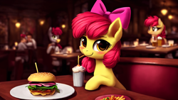 Size: 2048x1152 | Tagged: safe, derpibooru import, generator:stable diffusion, machine learning generated, apple bloom, earth pony, human, pony, apple bloom's bow, blurry background, blushing, booth, bow, burger, drink, drinking, drinking straw, female, filly, foal, food, french fries, hair bow, hamburger, looking at you, mare, milkshake, offscreen character, plate, pov, restaurant, sitting, smiling, smiling at you, straw, table