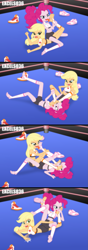 Size: 935x2671 | Tagged: safe, artist:excelso36, applejack, pinkie pie, human, equestria girls, barefoot, clothes, concerned, feet, female, fetish, foot fetish, foot on face, foot on head, foot worship, gym shorts, licking, licking foot, reference, shipping, shorts, simple background, socks, spongebob reference, spongebob squarepants, sports, sports shorts, the fry cook games, tongue, tongue out, wrestling