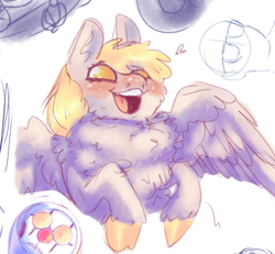 Size: 500x462 | Tagged: safe, artist:creatorsmask, derpibooru import, derpy hooves, pegasus, pony, blushing, cheek fluff, chest fluff, cloven hooves, cute, derpabetes, female, fluffy, impossibly large chest fluff, mare, open mouth, open smile, simple background, sketch, smiling, solo, spread wings, unshorn fetlocks, white background, wings