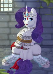 Size: 2928x4094 | Tagged: safe, artist:creed larsen, derpibooru import, rarity, unicorn, armor, clothes, commission, dungeon, frog (hoof), jewelry, looking at you, regalia, rope, smiling, solo, tiara, underhoof, ych result