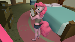 Size: 1920x1080 | Tagged: safe, artist:sketchmcreations, derpibooru exclusive, derpibooru import, pinkie pie, anthro, plantigrade anthro, 3d, bed, bedroom, booty shorts, box, clothes, looking at you, looking back, looking back at you, open mouth, pinkie's bedroom, sandals, smiling, solo, source filmmaker, sugarcube corner, tanktop