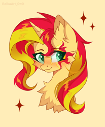 Size: 1544x1865 | Tagged: safe, artist:belkaart0w0, derpibooru import, sunset shimmer, pony, unicorn, :3, blush lines, blushing, bust, cheek fluff, chest fluff, cute, cutie mark, ear fluff, ears, eyebrows, eyebrows visible through hair, female, lookin to the right, looking sideways, mare, shimmerbetes, simple background, solo, sparkles, yellow background