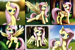 Size: 1920x1280 | Tagged: safe, artist:hazy skies, derpibooru import, generator:stable diffusion, machine learning generated, fluttershy, earth pony, pegasus, butt, cute, forest, looking at you, missing wing, novel ai, plot, pose, smiling, smiling at you, solo, spread wings, tree, wings