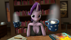 Size: 1920x1080 | Tagged: safe, artist:sketchmcreations, derpibooru exclusive, derpibooru import, starlight glimmer, anthro, plantigrade anthro, unicorn, 3d, board game, bookshelf, breasts, chocolate, clipboard, dragon pit, drink, empathy cocoa, food, grin, hot chocolate, looking at you, magic, marshmallow, mug, offscreen character, painting, pencil, pov, raised eyebrow, sire's hollow, sitting, smiling, solo, source filmmaker, steam, stool, table, telekinesis