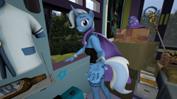 Size: 1920x1080 | Tagged: safe, artist:sketchmcreations, derpibooru exclusive, derpibooru import, trixie, anthro, plantigrade anthro, 3d, bunny suit, cape, cardboard box, clothes, hat, looking at you, looking back, looking back at you, smiling, solo, source filmmaker, trixie's cape, trixie's hat, trixie's wagon, wagon, wand, window, windowsill