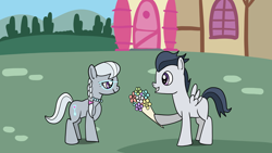 Size: 1920x1080 | Tagged: safe, artist:platinumdrop, derpibooru import, rumble, silver spoon, bouquet, colt, female, filly, foal, male, request, rumblespoon, shipping, smiling, straight