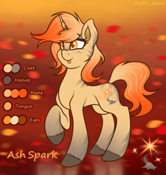 Size: 3042x3200 | Tagged: safe, artist:shad0w-galaxy, derpibooru import, oc, oc only, oc:ash spark, pony, unicorn, adoptable, cute, female, hooves, horn, mare, raised hoof, raised leg, reference sheet, simple background, smiling, solo, tongue, tongue out, unshorn fetlocks