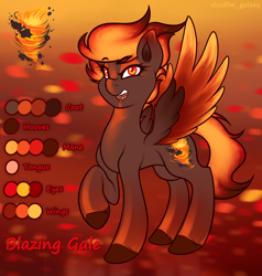 Size: 3042x3200 | Tagged: safe, artist:shad0w-galaxy, derpibooru import, oc, oc only, oc:blazing gale, pegasus, pony, adoptable, female, hooves, mare, open mouth, raised hoof, raised leg, reference sheet, simple background, smiling, solo, spread wings, unshorn fetlocks, wings