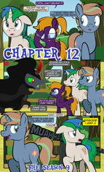 Size: 1920x3168 | Tagged: safe, artist:alexdti, derpibooru import, king sombra, oc, oc:brainstorm (alexdti), oc:purple creativity, oc:star logic, pegasus, pony, unicorn, comic:quest for friendship, apple, apple tree, bracelet, evil laugh, fence, food, glasses, horn, jewelry, laughing, pegasus oc, ponytail, tree, unicorn oc