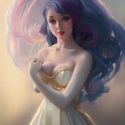 Size: 512x512 | Tagged: safe, derpibooru import, machine learning generated, princess celestia, human, bare shoulders, clothes, dress, humanized, night cafe, sleeveless, solo, strapless