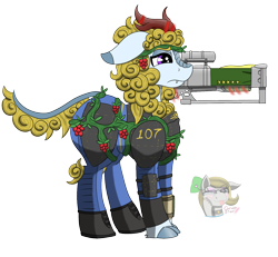 Size: 1450x1338 | Tagged: safe, artist:gray star, derpibooru import, oc, oc only, kirin, fallout equestria, armor, berry, clothes, commission, food, jumpsuit, kirin oc, laser rifle, simple background, solo, stable-tec, transparent background, vault suit, vine