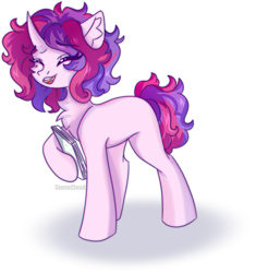 Size: 1674x1782 | Tagged: safe, artist:stormcloud, derpibooru import, oc, oc only, oc:melody libris, pony, unicorn, book, chest fluff, colored sketch, curly hair, curly tail, cute, eye clipping through hair, eyebrows, eyebrows visible through hair, eyes closed, female, full body, happy, horn, mare, open mouth, open smile, simple background, smiling, solo, tail, unicorn oc, white background