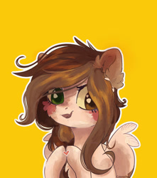 Size: 1280x1451 | Tagged: safe, alternate version, artist:colorbrush, derpibooru import, oc, oc only, pegasus, pony, bust, heart, heterochromia, portrait, simple background, smiling, solo, yellow background