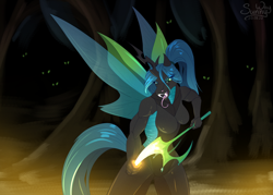 Size: 1400x1000 | Tagged: safe, artist:sunny way, derpibooru import, queen chrysalis, anthro, changeling, insect, art, artwork, chitin, crown, digital art, exoskeleton, fangs, female, glass, glassblowing, horn, hot, jewelry, lava, magma, mare, my little pony, nudity, open mouth, patreon, patreon reward, ponytail, regalia, solo, wings