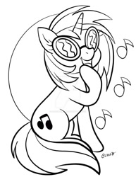 Size: 600x777 | Tagged: safe, artist:marybellamy, derpibooru import, dj pon-3, vinyl scratch, lineart, monochrome, music notes, patreon, patreon reward, pose, requested art, simple background, sitting, smiling, traditional art, white background