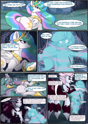 Size: 2893x4092 | Tagged: safe, artist:novaspark, derpibooru import, part of a set, princess celestia, oc, oc:kiki, changeling, pony, spider, spiderling, butt, comic, dialogue, evil grin, eyes closed, female, grin, gritted teeth, imminent vore, mare, open mouth, plot, smiling, soul, spider web, teeth