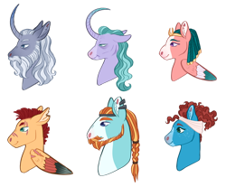 Size: 1280x1062 | Tagged: safe, artist:s0ftserve, derpibooru import, flash magnus, meadowbrook, mistmane, rockhoof, somnambula, star swirl the bearded, earth pony, pegasus, unicorn, beard, braided ponytail, curved horn, ear piercing, eye scar, facial hair, facial scar, freckles, hair bun, horn, mohawk, piercing, pillars of equestria, profile, profile view, redesign, scar, scarred, simple background, story included, transparent background