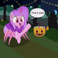 Size: 3000x3000 | Tagged: safe, artist:bestponies, derpibooru import, oc, oc only, oc:silky web, monster pony, original species, pony, spider, spiderpony, unicorn, changeling egg, cute, decoration, dialogue, egg, fangs, female, halloween, holiday, magic, mare, multiple eyes, nightmare night, open mouth, open smile, pumpkin, smiling, solo, telekinesis