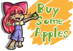 Size: 1748x1240 | Tagged: safe, artist:waderer_wolf, derpibooru import, apple bloom, human, apple, barefoot, buy some apples, clothes, feet, food, humanized, missing shoes, open mouth, overalls, peace sign, solo, text