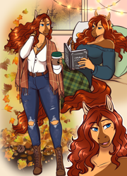 Size: 1330x1845 | Tagged: safe, artist:blackblood-queen, oc, oc only, oc:honeypot meadow, anthro, earth pony, unguligrade anthro, anthro oc, autumn, beauty mark, blaze (coat marking), book, boots, clothes, coat markings, coffee, coffee cup, commission, cup, digital art, earth pony oc, facial markings, female, hoof shoes, jeans, jewelry, leaf, leaves, lidded eyes, lights, necklace, off shoulder, pants, pillow, reading, relaxing, ring, ripped jeans, ripped pants, shirt, shoes, smiling, torn clothes, wedding ring, ych result