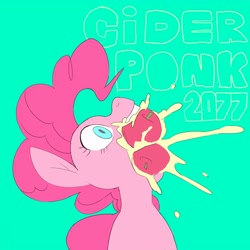 Size: 2500x2500 | Tagged: safe, artist:baigak, derpibooru import, pinkie pie, earth pony, pony, apple, bust, eating, female, food, green background, looking up, mare, mouth hold, simple background, wordplay