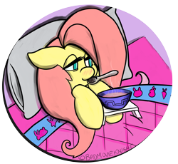 Size: 2169x1994 | Tagged: safe, derpibooru import, fluttershy, g4, bed, bowl, cute, pillow, ponytober, simple background, solo, spoon, transparent background