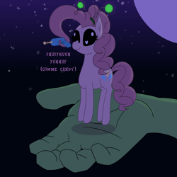 Size: 3500x3500 | Tagged: safe, artist:legendoflink, derpibooru import, pinkie pie, alien, alien pony, pony, cute, dialogue, diapinkes, disembodied hand, floating, hand, moon, pinktober, raygun, simple background, slim, solo, stars, text, thin legs, tiny, tiny ponies