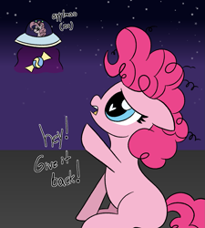 Size: 1597x1778 | Tagged: safe, artist:legendoflink, derpibooru import, pinkie pie, alien, earth pony, pony, abduction, ayy lmao, blank flank, cute, diapinkes, duo, female, filly, filly pinkie pie, foal, heart, heart eyes, self paradox, self ponidox, simple background, stealing, tiny, tiny ponies, wingding eyes, younger