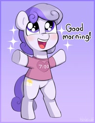 Size: 1688x2176 | Tagged: safe, artist:heretichesh, derpibooru import, oc, oc only, earth pony, pony, bipedal, blushing, clothes, cute, dialogue, gradient background, looking up, ocbetes, open mouth, open smile, shirt, smiling, solo, sparkles, talking to viewer, underhoof