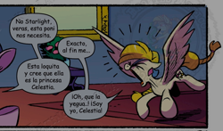 Size: 1080x637 | Tagged: safe, artist:andypriceart, derpibooru exclusive, derpibooru import, edit, editor:enrique zx, idw, golden feather, princess celestia, twilight sparkle, twilight sparkle (alicorn), alicorn, pegasus, pony, spoiler:comic, spoiler:comic65, dialogue, disguise, disguised celestia, implied starlight glimmer, offscreen character, spanish, spanish description, spanish text, spread wings, translation, translator:xocolatl, watermark, wings