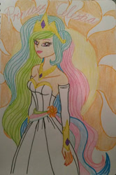 Size: 600x905 | Tagged: safe, artist:glaceonfrozen, derpibooru import, princess celestia, human, cutie mark, female, humanized, looking at you, solo, sun, traditional art