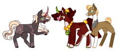 Size: 1280x535 | Tagged: safe, artist:loutro, derpibooru import, oc, oc only, earth pony, pony, unicorn, argument, crystal horn, curved horn, ear piercing, earring, female, horn, jewelry, magical gay spawn, male, mare, necklace, offspring, parent:big macintosh, parent:king sombra, parents:sombratosh, peytral, piercing, scar, siblings, simple background, stallion, sweat, sweatdrop, transparent background, trio