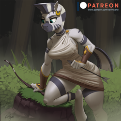 Size: 900x900 | Tagged: safe, artist:kevinsano, derpibooru import, zecora, anthro, unguligrade anthro, zebra, arrow, bedroom eyes, bow, breasts, detailed background, digital art, ear piercing, earring, female, forest, jewelry, piercing, solo, tail, thighs, tree, wide hips, ze-bra buster