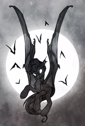Size: 2749x4096 | Tagged: safe, artist:opalacorn, derpibooru import, oc, oc only, oc:void, bat, bat pony, pony, bat ponified, bat pony oc, female, flying, forked tongue, full moon, glowing, glowing eyes, grayscale, halloween, holiday, mare, monochrome, moon, race swap, solo, tongue, tongue out
