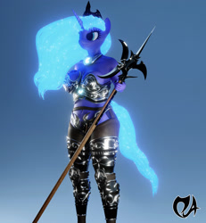 Size: 1998x2160 | Tagged: safe, artist:deadair, derpibooru import, princess luna, alicorn, anthro, 3d, 3d model, armor, blender, collar, crown, cutie mark, glowing mane, halberd, jewelry, leather, ornament, regalia, solo, unconvincing armor, weapon, wip