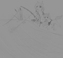 Size: 1280x1180 | Tagged: safe, artist:stray prey, derpibooru import, oc, oc only, oc:flare, oc:lucent, bat pony, unicorn, bat pony oc, female, fishing, magic, male, monochrome, mother and child, mother and son, parent and child, telekinesis