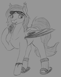 Size: 950x1200 | Tagged: safe, artist:stray prey, derpibooru import, oc, oc only, oc:flare, bat pony, fangs, monochrome, solo, sunglasses